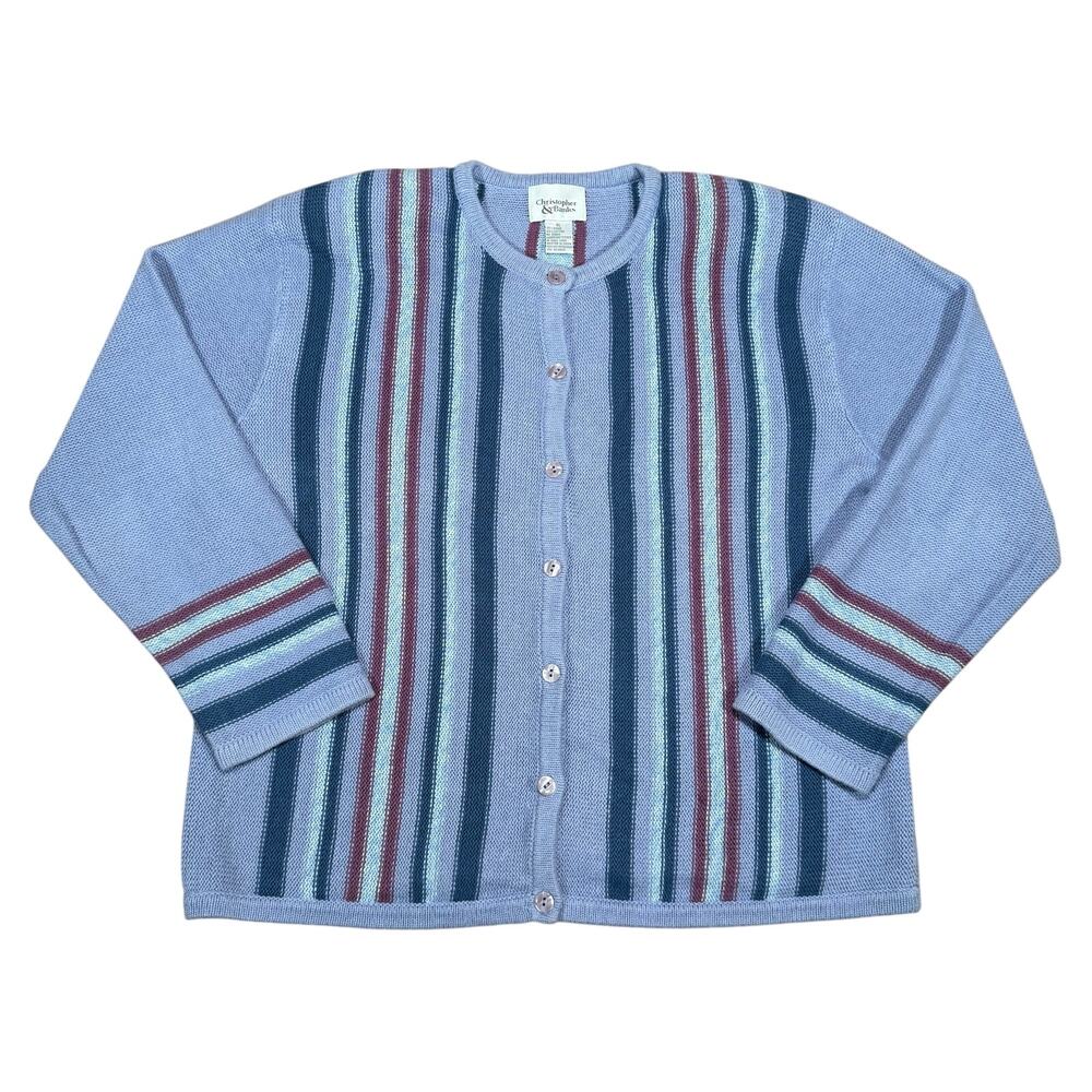 Vintage Striped Knit Cardigan Sweater Lavender Blue Red Stripe Button Front L